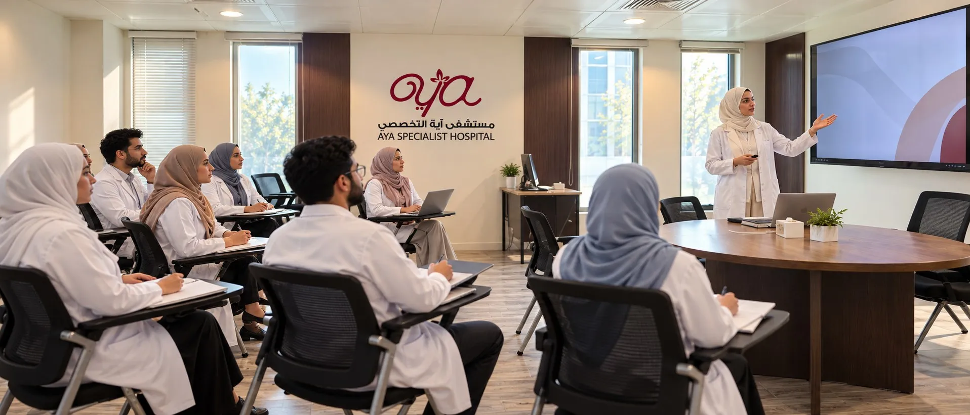 A doctor teaching trainees in Aya Academy’s hall