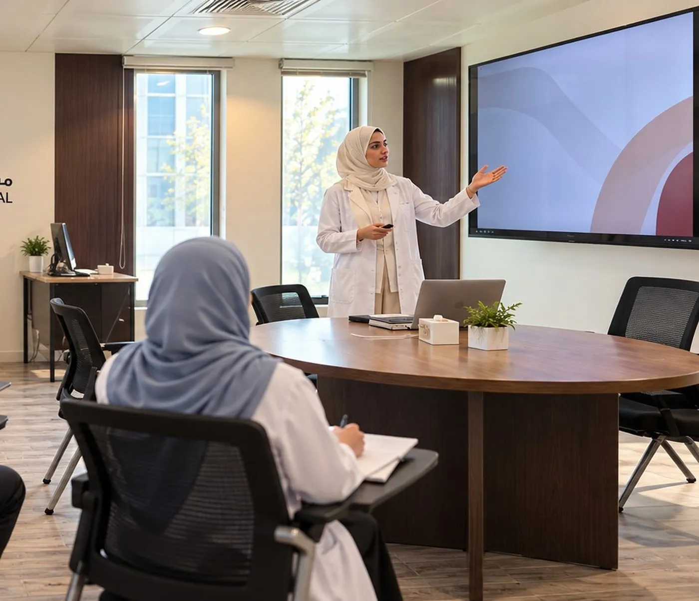 A consultant lecturing trainees in the Aya Academy hall