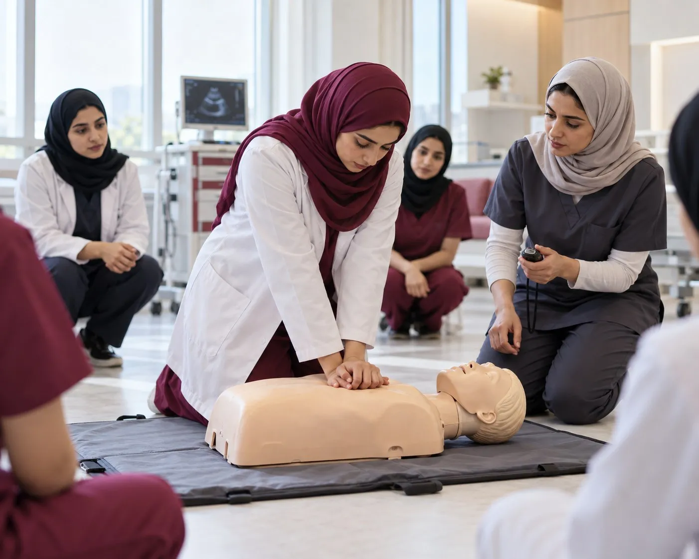 A trainee practising CPR on a training manikin at Aya