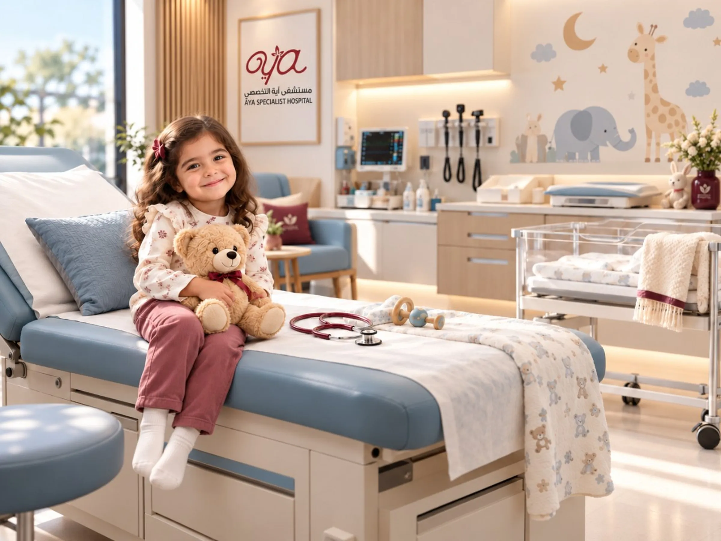 A smiling girl hugging her teddy bear on the exam bed in Aya’s children’s clinic