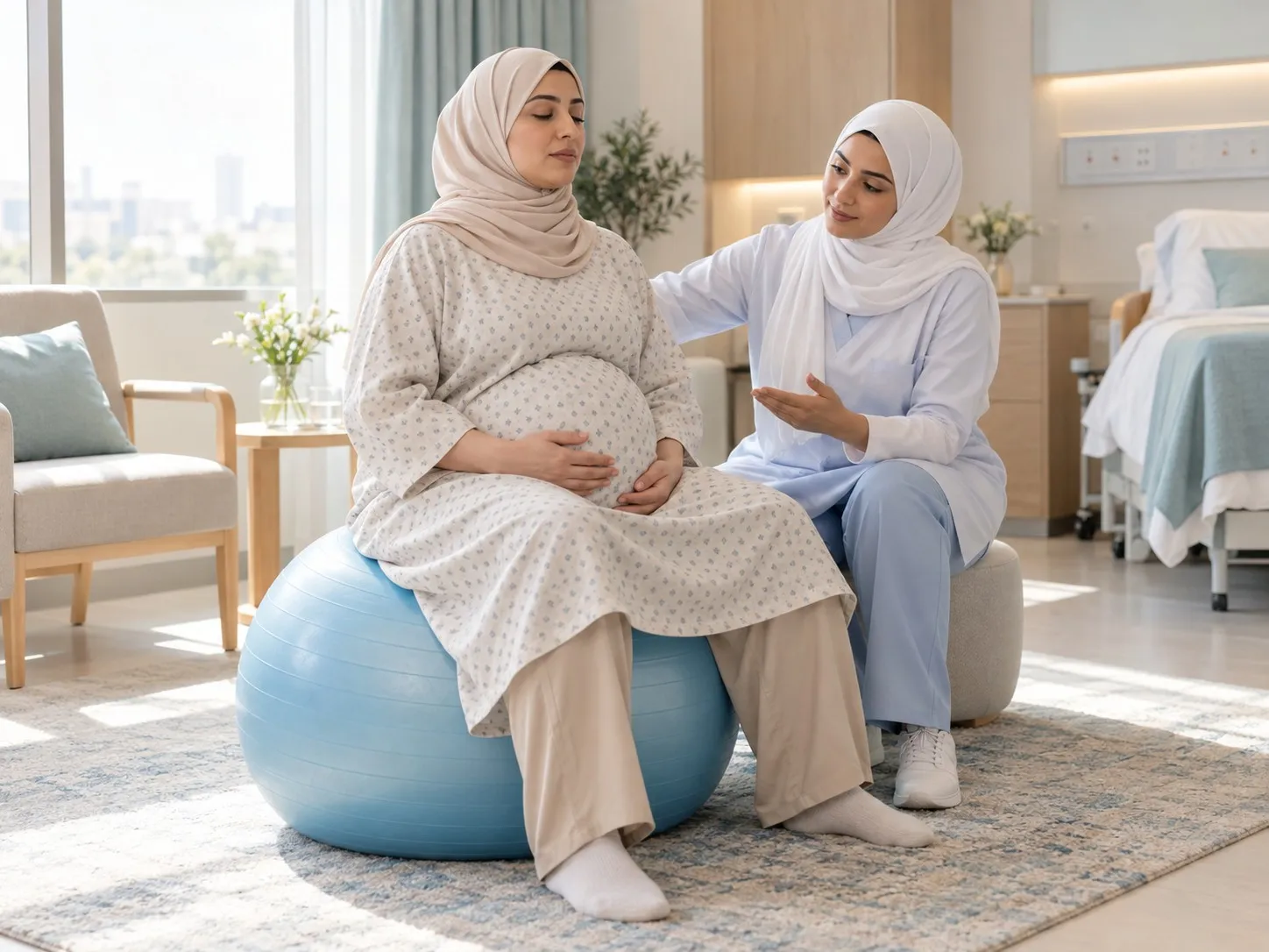حامل في أواخر حملها تجلس على كرة الولادة وتتدرب على التنفس مع أخصائية العلاج الطبيعي