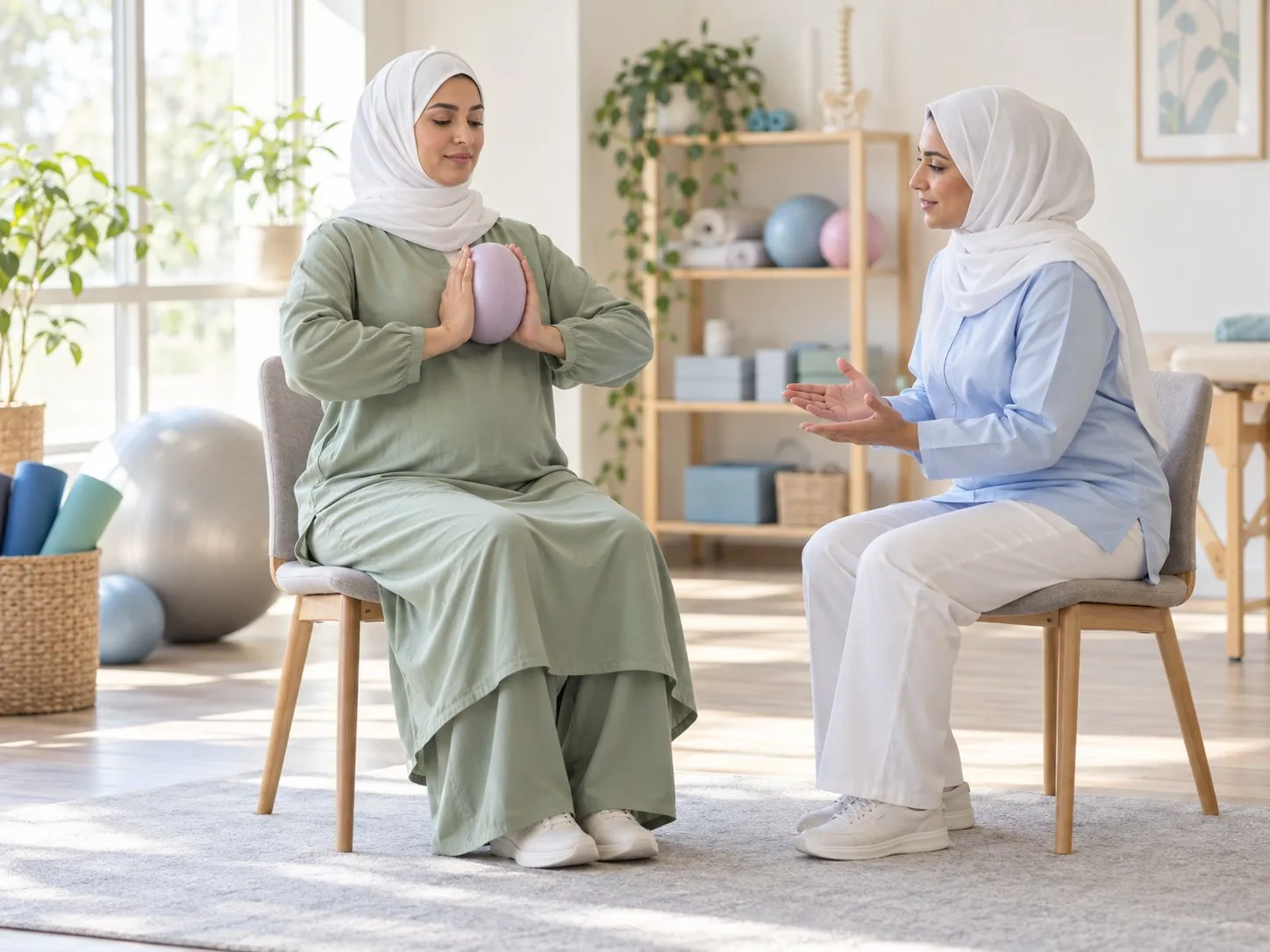 أم تتدرب جالسةً بوضع معتدل على تمرين تنفس وتحكّم بكرة صغيرة مع أخصائية العلاج الطبيعي